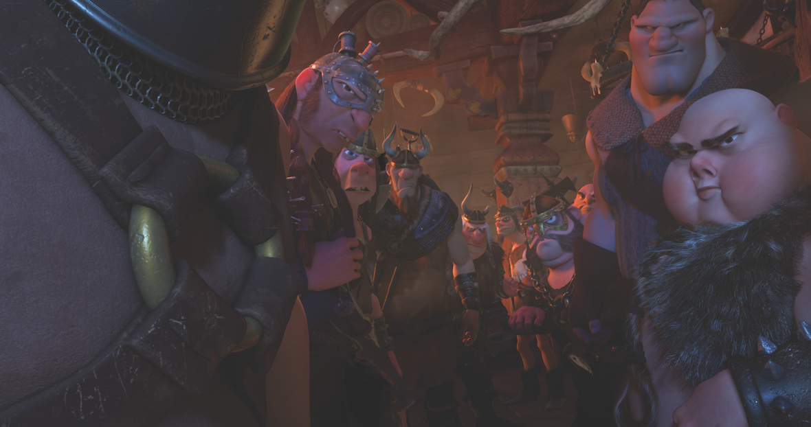 In an image from Tangled, the pub thugs are gathered around and staring intently at something past the camera. The mean looks on their faces bely their friendly demeanor.