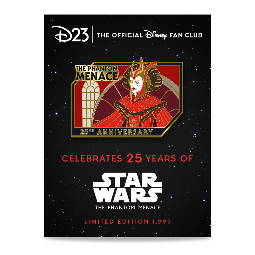 An image of the D23-exclusive Star Wars: The Phantom Menace 25th Anniversary Pin - Limited Edition. The pin has a striking red and gold theme, and features Queen Amidala alongside gold and black accents around the words "The Phantom Menace" and "25th Anniversary.” The backer card showcases a background inspired Star Wars: The Phantom Menace and features the D23 logo alongside a celebration of 25 years.