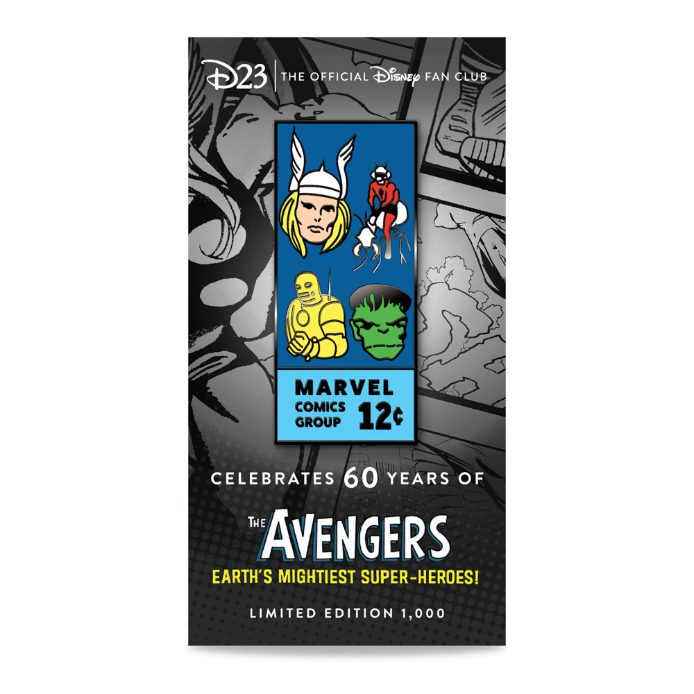 An image of the D23-exclusive The Avengers 60th Anniversary Pin - Limited Edition, which features a design inspired by the corner box illustration on Marvel Comic’s The Avengers #1 – including miniature depictions of Thor, Ant-Man, Iron Man and Hulk. It also says “Marvel Comics Group 12¢” towards the bottom of the pin. The pin is located on a comic-halftone-inspired backer card featuring the D23 logo alongside a celebration of 60 years.