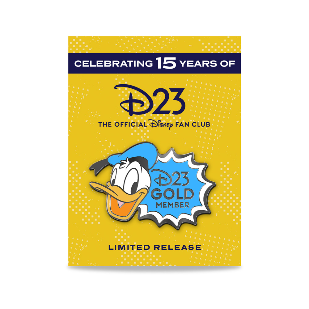 An image of the D23-exclusive Donald Duck “Gold Member” Pin - Limited Release. The pin features Donald Duck beside a blue bubble that says “D23 Gold Member.” This pin is on a yellow backer card featuring the D23 logo alongside a celebration of 15 years.