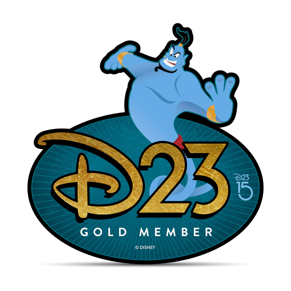 An image of the D23-exclusive Genie D23 Gold Member Magnet - Aladdin. The magnet features vibrant blue tones and showcases the Genie, and it prominently displays the text "D23 Gold Member" in elegant gold lettering alongside the number "15,” celebrating D23’s milestone year.