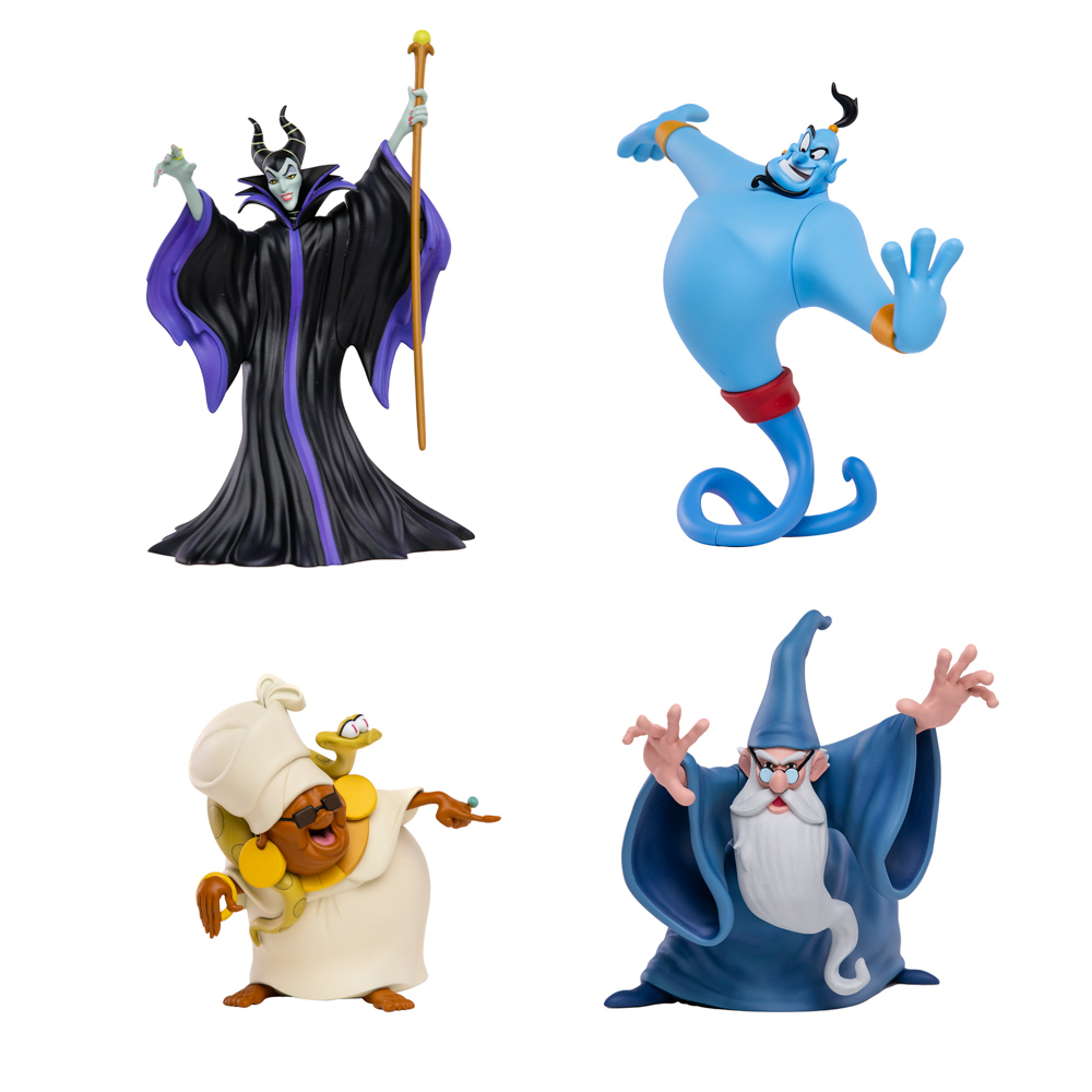 In this image, the four companions from the Magical Mystery Character Collectible Figurine Blind Pack from D23’s 2024 Gold Member Collector Set are featured: Maleficent on the top left, Genie on the top right, Mama Odie on the bottom left, and Merlin on the bottom right.