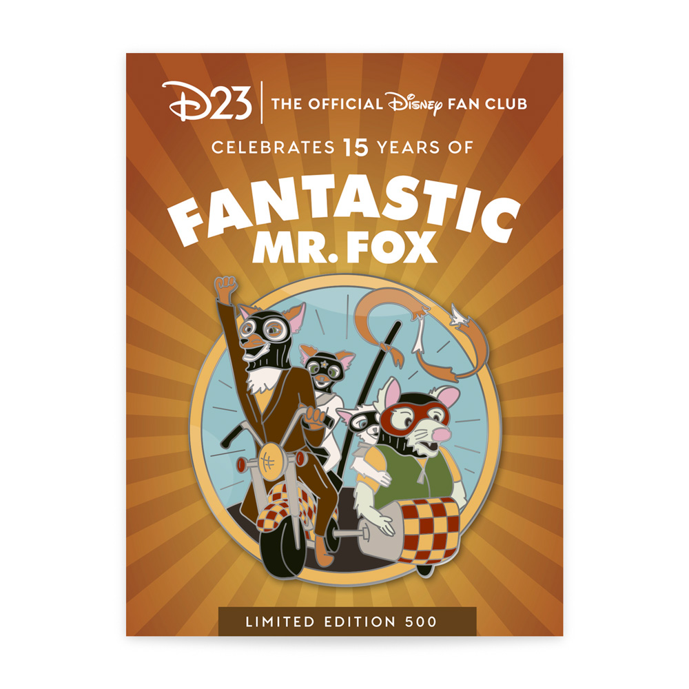 An image of the D23-exclusive Fantastic Mr. Fox 15th Anniversary Pin. The circular pin features Mr. Fox and Ash riding a motorcycle, with Kylie and Kristofferson in the sidecar. The backer card has a whimsical background pulling from the pin’s colors and featuring the D23 logo alongside a celebration of 15 years.