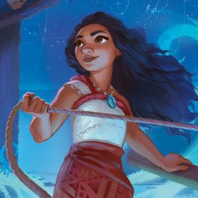 In this promo image for Ravensburger’s Disney Lorcana Trading Card Game Promo card giveaway at Cinemark theaters in the U.S. and Cineplex theaters in Canada, we see an illustration of Moana aboard her sailing vessel, holding onto a rope with the night sky behind her.