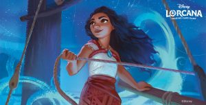 In this promo image for Ravensburger’s Disney Lorcana Trading Card Game Promo card giveaway at Cinemark theaters in the U.S. and Cineplex theaters in Canada, we see an illustration of Moana aboard her sailing vessel, holding onto a rope with the night sky behind her.