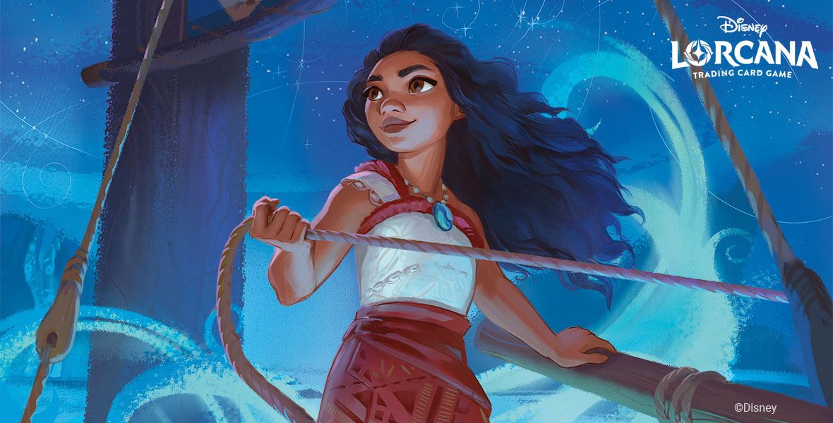 In this promo image for Ravensburger’s Disney Lorcana Trading Card Game Promo card giveaway at Cinemark theaters in the U.S. and Cineplex theaters in Canada, we see an illustration of Moana aboard her sailing vessel, holding onto a rope with the night sky behind her.