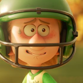 In an image from Disney and Pixar’s Win or Lose, a close-up of a baseball player shows him wearing a green helmet and uniform, breaking a sweat with a worried expression.