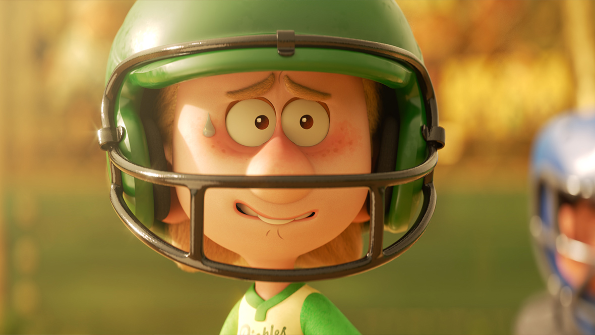 In an image from Disney and Pixar’s Win or Lose, a close-up of a baseball player shows him wearing a green helmet and uniform, breaking a sweat with a worried expression.