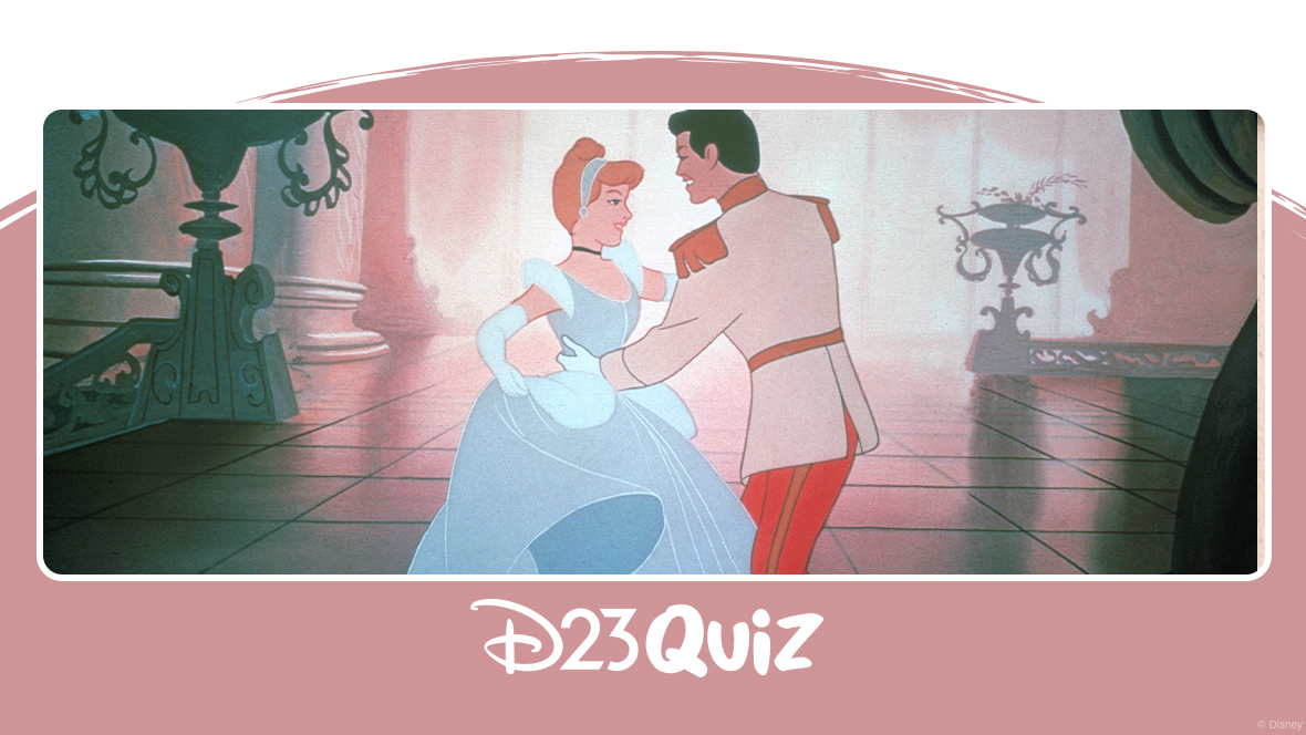 In a scene from Cinderella (1950), Cinderella (voiced by Disney Legend Irene Woods) dances with Prince Charming (voiced by William Phipps). Cinderella wears a light blue ballgown with white gloves and a matching headband, while Prince Charming dons a cream royal jacket, red pants with a gold stripe, and black boots. The backdrop showcases the grand ballroom, complete with curtains and a window.