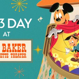 Artwork with Mickey Mouse puppeteering Pinocchio against a colorful theater. Pinocchio is dancing on a stage with his hand up and smiling. On the left of the image, it reads “D23 Day at Bob Baker Marionette Theater” in a stylized, bold marquee font. The background of the image is teal blue with mid-century styled stars in shades of red, orange, and beige.