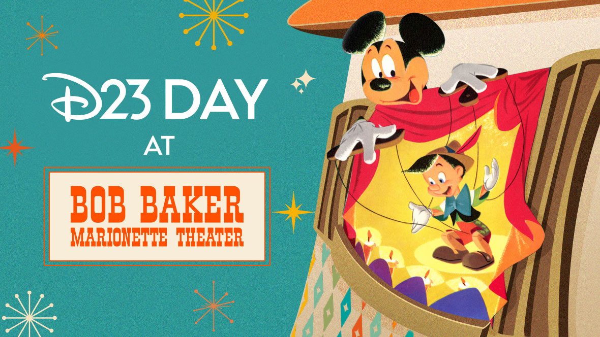 Artwork with Mickey Mouse puppeteering Pinocchio against a colorful theater. Pinocchio is dancing on a stage with his hand up and smiling. On the left of the image, it reads “D23 Day at Bob Baker Marionette Theater” in a stylized, bold marquee font. The background of the image is teal blue with mid-century styled stars in shades of red, orange, and beige.