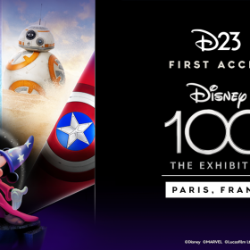 Image of Disney100: The Exhibition key art featuring Sorcerer Mickey Mouse in the center, with four facets behind him, clockwise from left to right: Cinderella’s Glass Slipper, Elsa from Frozen, BB-8 from Star Wars, and Captain America’s Shield on the left side of the image. On the right side is the event name, which reads: “D23. First Access. Disney 100. The Exhibition. Paris, France,” with the logo for the exhibit.