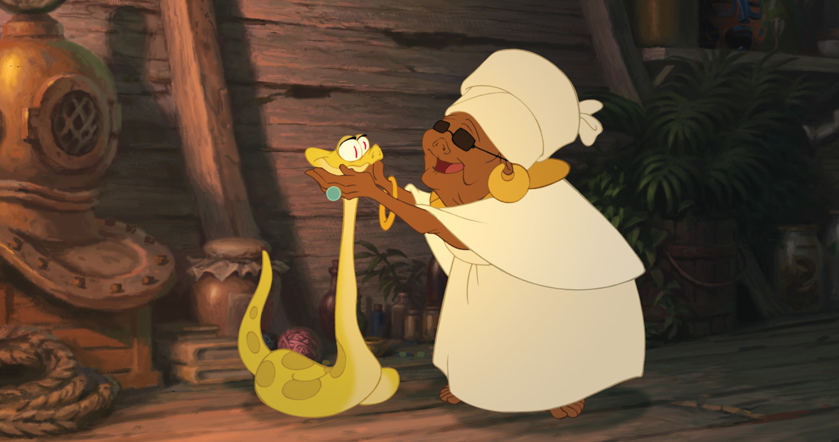 Juju, Mama Odie’s snake from The Princess and the Frog, smiling at Mama Odie.