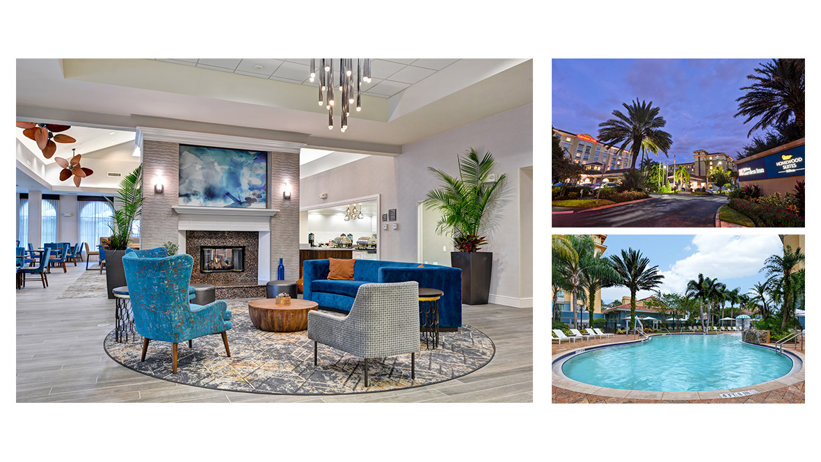 A three-image collage of areas at the Homewood Suites by Hilton Lake Buena Vista. The large image on the left is the lobby of the hotel; multicolor chairs and a couch sit in a circle with a wooden coffee table in the middle. A few feet away from the furniture circle is a wall adorning a fireplace. Above the fireplace is a blue abstract painting; on either side of the painting are two lights welded to the wall. Behind the fireplace to the left are assorted tables and chairs, as well as a small buffet. The photo on the top right is of the front exterior of the hotel, taken around dusk, with a giant palm tree standing tall in the front of the main building. A sign to the right says, “Hilton Garden Inn” and “Homewood Suites Hilton,” both with their respective logos. The photo on the bottom right showcases the hotel’s pool area. The pool is round with turquoise water; various palm trees, umbrellas, and lounge chairs surround the area. 