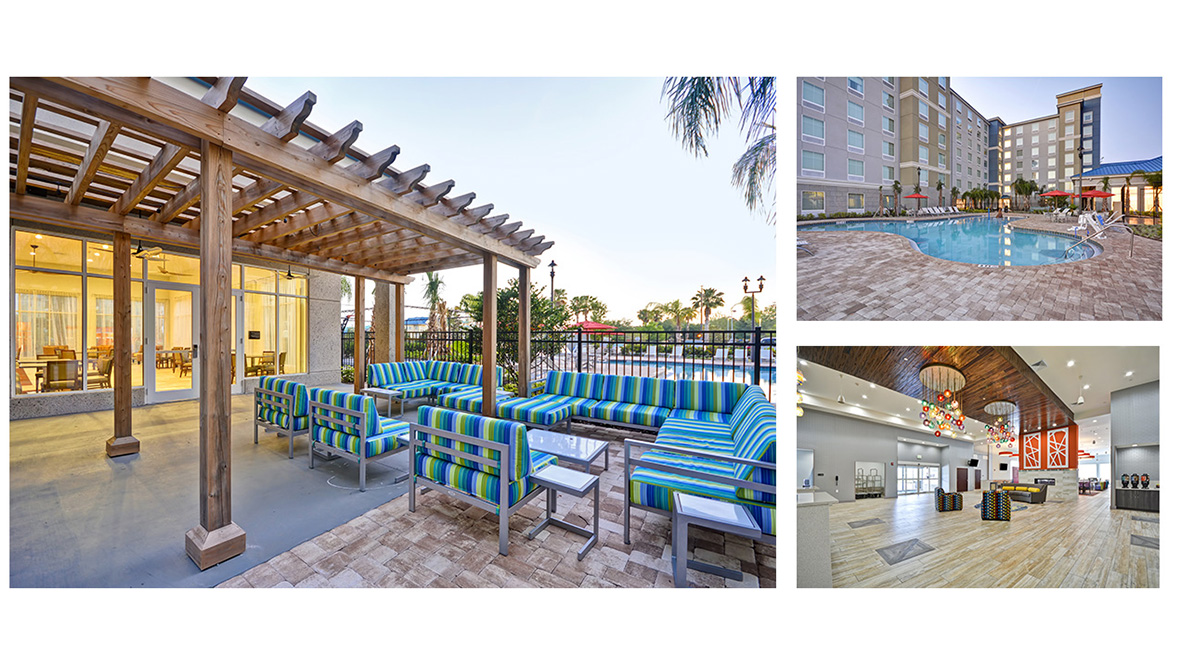 A three-image collage of Homewood Suites by Hilton Orlando Theme Parks. The large image to the left shows the lounge area across the fence from the pool. Striped green and blue lounge chairs are scattered under a wooden pergola; small tables next to some of the chairs hold drinks and other items. In the background is a double-door entrance to the hotel. The photo on the top right showcases the pool area; assorted lounge chairs and umbrellas sit on layered brick surrounding the pool. The pool color is a crisp turquoise, with the hotel lights reflecting off it. The photo to the bottom right shows the lobby area of the hotel. Two multicolored chairs and a couch sit facing each other on a wooden floor; in the background are double doors leading outside. On a ledge to the right are three coffee dispensers. The room is lit by two chandeliers made up of multi-colored bulbs.