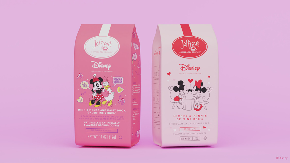 Two pink bags of Joffrey&rsquo;s coffee sit next to each other. The bag on the left is pink and called &ldquo;Minnie Mouse and Daisy Duck Galentine&rsquo;s Brew&rdquo;. It&rsquo;s described as &ldquo;A Darling Blend of Butterscotch and Sweet Chocolate Flavor Notes&rdquo;. The bag to the right is called &ldquo;Mickey & Minnie Be Mine Brew&rdquo; which is described as &ldquo;Chocolate and Coconut Cream&rdquo;. Both blends are a Medium roast.