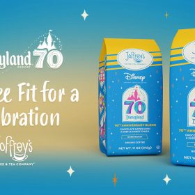 Promotional image for Joffrey's Coffee & Tea Company's Disneyland Resort 70th Anniversary Blend. The design features two blue coffee bags labeled with details like '70th Anniversary Blend,' 'Dark Roast,' and tasting notes of chocolate with a subtle sweet finish. The background has a starry gradient from blue to yellow, with celebratory text reading 'Disneyland Resort 70' and 'A Coffee Fit for a Celebration.'