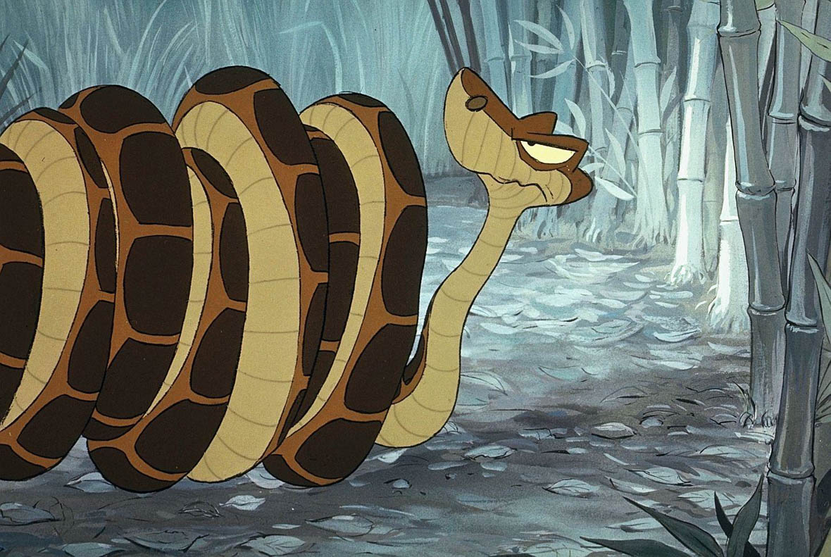 Kaa from The Jungle Book on the ground, frowning with his body coiled up. 