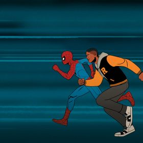 Peter Parker/Spider-Man and Lonnie Lincoln run side by side in a scene from Marvel Animation's Your Friendly Neighborhood Spider-Man, exclusively on Disney+.