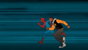 Peter Parker/Spider-Man and Lonnie Lincoln run side by side in a scene from Marvel Animation's Your Friendly Neighborhood Spider-Man, exclusively on Disney+.