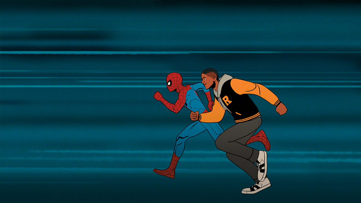 Peter Parker/Spider-Man and Lonnie Lincoln run side by side in a scene from Marvel Animation's Your Friendly Neighborhood Spider-Man, exclusively on Disney+.