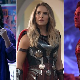 A triptych of Iman Vellani as Kamala Khan/Ms. Marvel, Natalie Portman as Jane Foster/Mighty Thor, and Paul Rudd as Scott Lang/Ant-Man