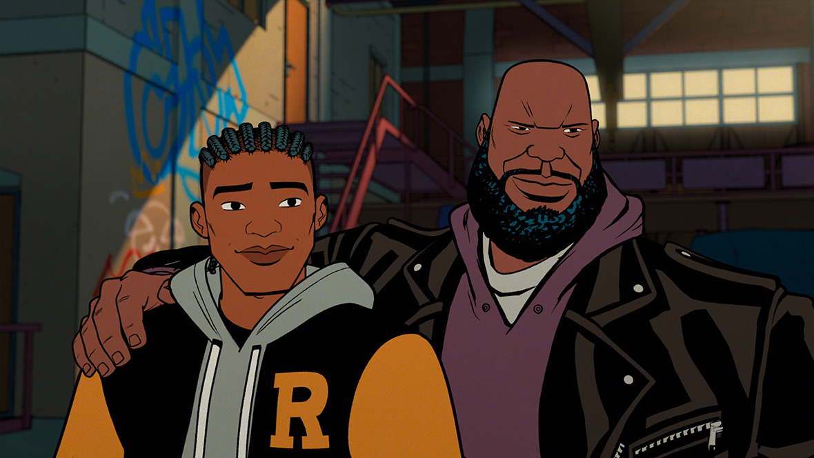 Big Donovan (right) puts his right arm around Lonnie Lincoln (left) in a scene from Marvel Animation's Your Friendly Neighborhood Spider-Man, exclusively on Disney+.