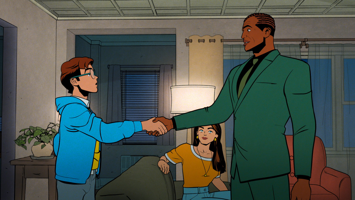 Peter Parker shakes Norman Osborn's hand as Aunt May looks on with pride.