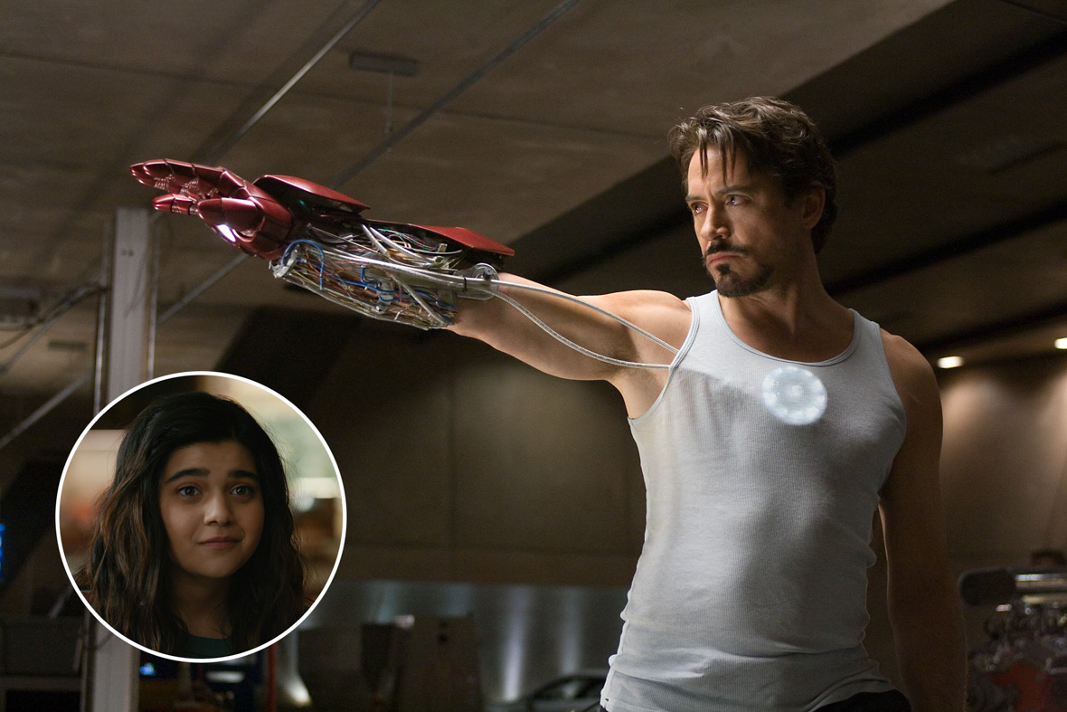 Tony Stark (Disney Legend Robert Downey Jr.) tests his suit’s propulsor gloves in Iron Man. Inset: Kamala Khan (Iman Vellani) doodles in her notebook in The Marvels.