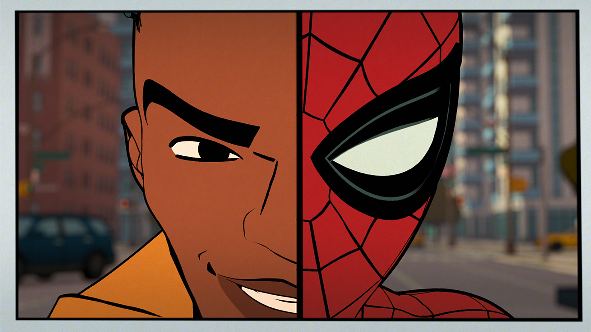 A split-shot Lonnie Lincoln's face (left) and Spider-Man's face (right) in a scene from Marvel Animation's Your Friendly Neighborhood Spider-Man, exclusively on Disney+.