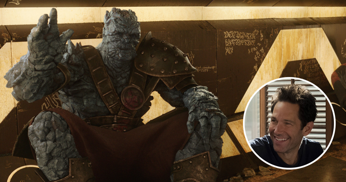 Korg (Taika Waititi) waves before entering the battle arena in Thor: Ragnarok. Inset: Scott Lang (Paul Rudd) smiles in his office.