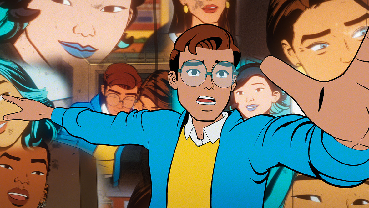 Peter Parker appears pained as visions of the people in life — including Pearl Pangan, Nico Minoru, Harry Osborn, Aunt May, and others — float above his head in a scene from Marvel Animation's Your Friendly Neighborhood Spider-Man, only on Disney+.