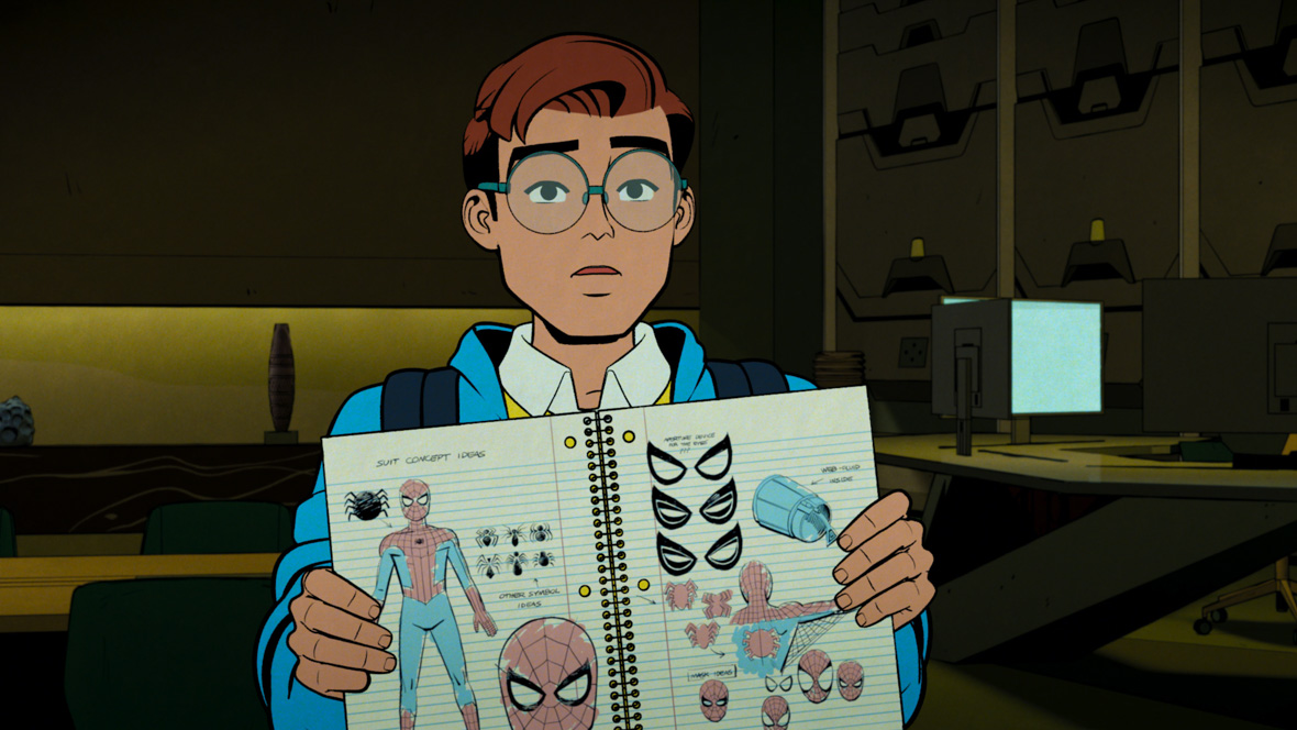 Peter Parker opens up his notebook to display his Spider-Man costume ideas.