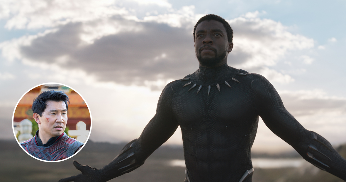 T’Challa/Black Panther (Disney Legend Chadwick Boseman) outstretches his arms during a fight at dusk in Black Panther. Inset: Shang-Chi (Simu Liu) stands ready for battle.