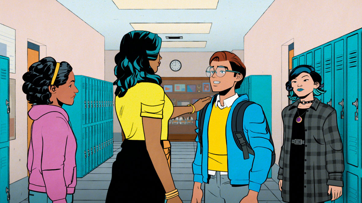 A student, Pearl Pangan, Peter Parker, and Nico Minoru chat in the school hallway.