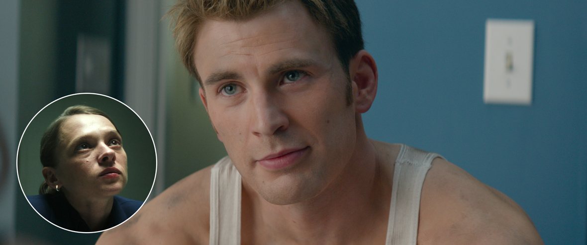 Steve Rogers (Chris Evans) wears a white tank top and smirks in Captain America: The Winter Soldier. Inset: Ruth Bat-Seraph (Shira Haas) glances up during an interrogation. 