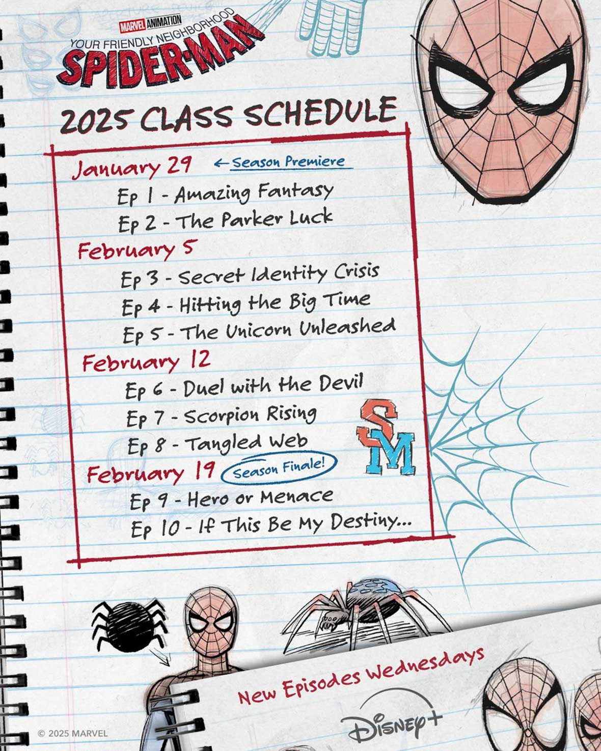 Episodic guide to Your Friendly Neighborhood Spider-Man, written on a notepad