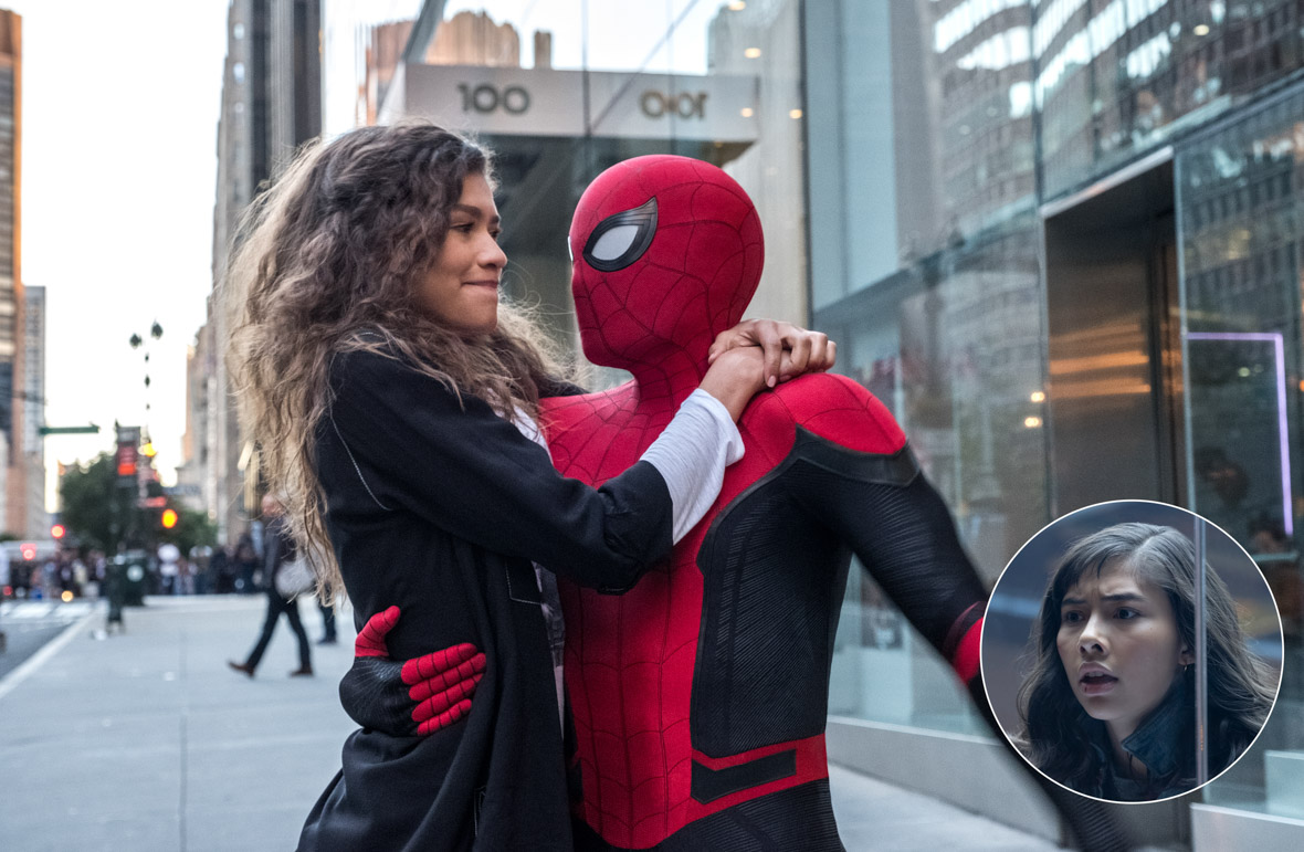 MJ (Zendaya) wraps her arms around Spider-Man (Tom Holland) in Spider-Man: Homecoming. Inset: America Chavez (Xochitl Gomez) is trapped inside of a glass chamber.