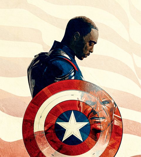 The back cover of the Disney twenty-three publication for Spring 2025 depicts Sam Wilson in his Captain America garb, seen from the right side, his head bowed and the Captain America shield on his right arm. Red Hulk is reflected in the shield, and the red and white stripes of the American flag appear to be fluttering in the background.