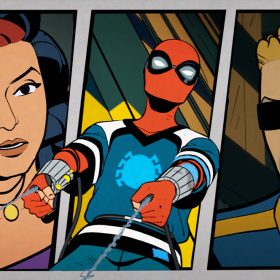 Close-ups of Maria Vasquez (Anairis Quinones) and James Sanders (Roger Craig Smith) appear in comic book panels flanking Peter Parker/Spider-Man (Hudson Thames).