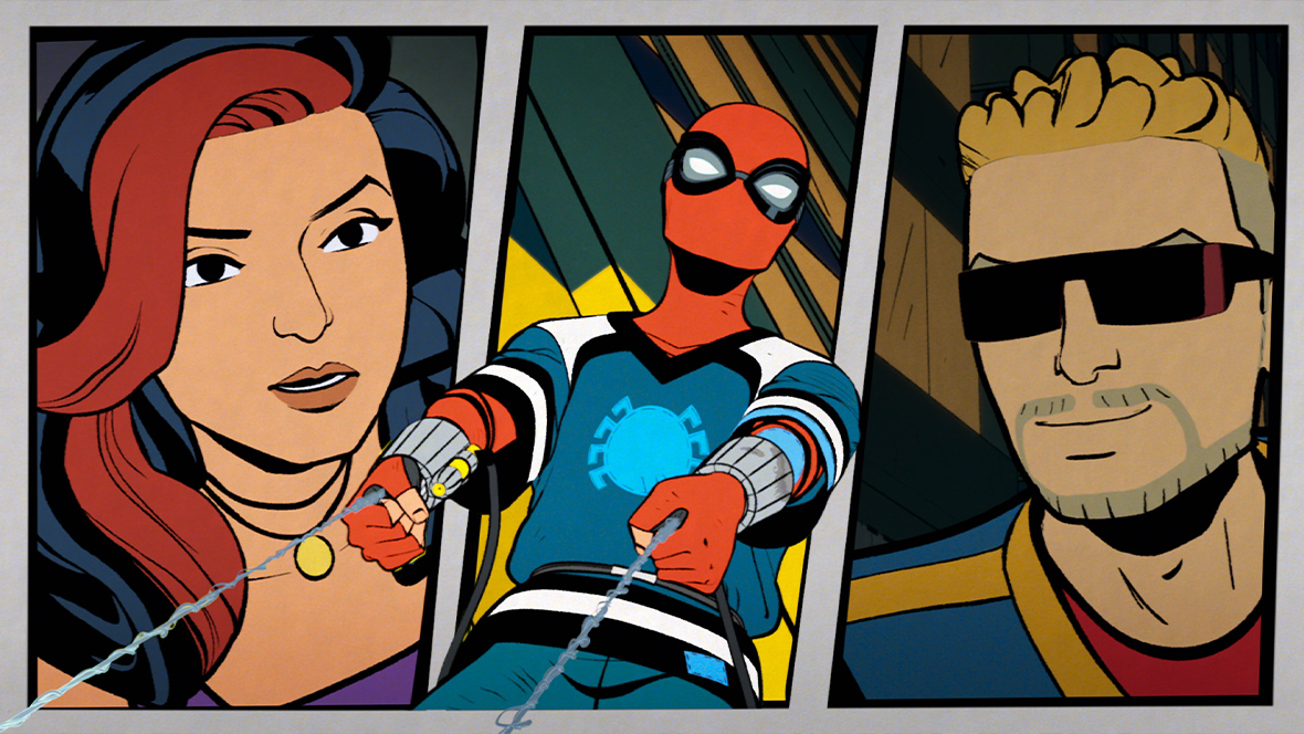 Close-ups of Maria Vasquez (Anairis Quinones) and James Sanders (Roger Craig Smith) appear in comic book panels flanking Peter Parker/Spider-Man (Hudson Thames).