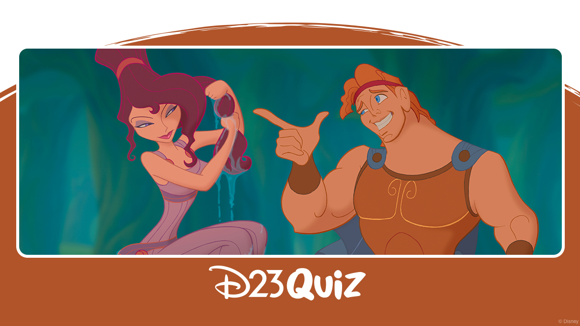 Hercules awkwardly smiles and points at Megara while she sits on a ledge and looks at him.