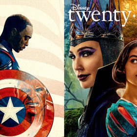 The back cover and front cover of the Disney twenty-three publication for Spring 2025 are shown side by side. The back cover, on the left, depicts Sam Wilson in his Captain America garb, seen from the right side, his head bowed and the Captain America shield on his right arm. Red Hulk is reflected in the shield, and the red and white stripes of the American flag appear to be fluttering in the background. The front cover, on the right, depicts two characters from the live-action reimagining of Snow White. The Evil Queen, portrayed by Gal Gadot, is on the left in her blue and crimson crown and deep blue robe with a high collar. She is smiling slightly at the viewer. On the right is Rachel Zegler as Snow White, in her iconic gown with puffy red and blue Sleeves. She is glancing to the left, in the direction of the Evil Queen, and holding a shiny red apple in her right hand, neck high, as if about to take a bite. Both characters are seen from the chest up. Behind the queen is a dark forest. Behind Snow White is a bright forest scene with cute animals and the entrance to a cottage.