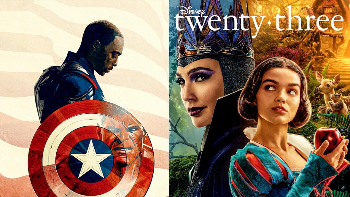 The back cover and front cover of the Disney twenty-three publication for Spring 2025 are shown side by side. The back cover, on the left, depicts Sam Wilson in his Captain America garb, seen from the right side, his head bowed and the Captain America shield on his right arm. Red Hulk is reflected in the shield, and the red and white stripes of the American flag appear to be fluttering in the background. The front cover, on the right, depicts two characters from the live-action reimagining of Snow White. The Evil Queen, portrayed by Gal Gadot, is on the left in her blue and crimson crown and deep blue robe with a high collar. She is smiling slightly at the viewer. On the right is Rachel Zegler as Snow White, in her iconic gown with puffy red and blue Sleeves. She is glancing to the left, in the direction of the Evil Queen, and holding a shiny red apple in her right hand, neck high, as if about to take a bite. Both characters are seen from the chest up. Behind the queen is a dark forest. Behind Snow White is a bright forest scene with cute animals and the entrance to a cottage.