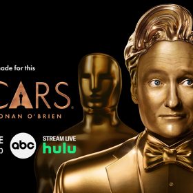 Conan O'Brien is painted gold in key art for the 97th Oscars on ABC and Hulu.