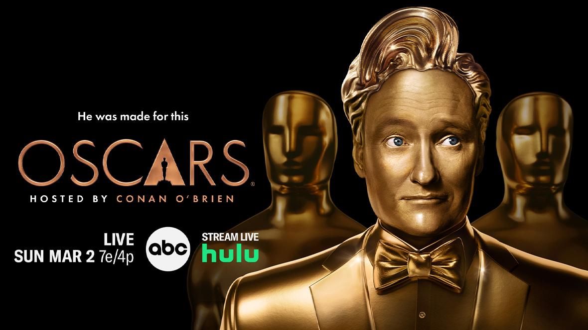 Conan O'Brien is painted gold in key art for the 97th Oscars on ABC and Hulu.