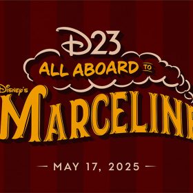 A striped-pattern background featuring alternating vertical lines of dark maroon, with the event title in the foreground written in vintage serif font in golden yellow, reading “D23 All Aboard to Walt Disney’s Marceline,” with the text aligned in the shape of a steam train, and clouds surrounding the words “All Aboard to.” Underneath the main title is the event date, May 17, 2025.