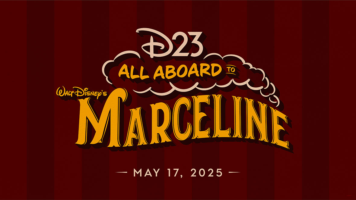 A striped-pattern background featuring alternating vertical lines of dark maroon, with the event title in the foreground written in vintage serif font in golden yellow, reading “D23 All Aboard to Walt Disney’s Marceline,” with the text aligned in the shape of a steam train, and clouds surrounding the words “All Aboard to.” Underneath the main title is the event date, May 17, 2025.