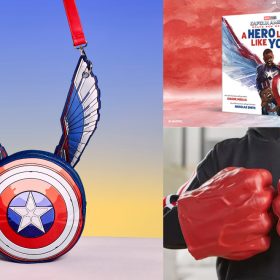 The left image shows the Captain America: Brave New World Shield Crossbody Bag by Loungefly, which is the Captain America shield with wings. The top right image shows the cover of the children’s book Captain America: Brave New World: A Hero Looks Like You; on the cover is Captain America with a young boy looking up at him. The bottom right image shows a child wearing the Captain America: Brave New World Red Hulk Gamma Smash Fists.