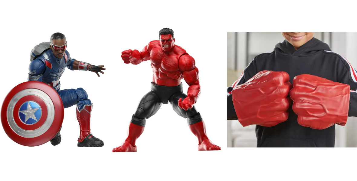 The left image shows the Marvel Legends Series Captain America and the Marvel Legends Series Red Hulk action figures from Hasbro; both figures are posed in an action position. The right image shows a child wearing the Captain America: Brave New World Red Hulk Gamma Smash Fists. 